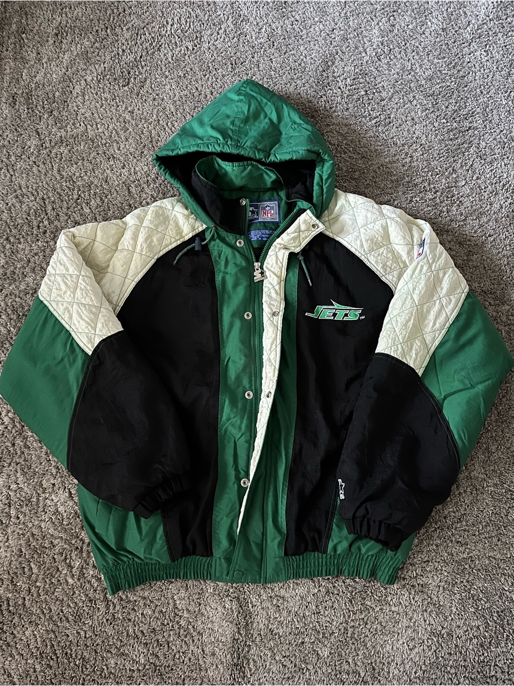 Vintage 90s Starter New York Jets NFL Full Zip Hooded Puffer Jacket Men's XL